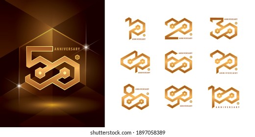 Set of 10 to 100 Anniversary logotype design, Years Celebrate Anniversary Logo, Hexagon Infinity logo, Abstract golden dot Hexagon logo for Congratulation celebration event, invitation, greeting.