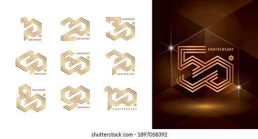 Set of 10 to 100 Anniversary logotype design, Years Celebrate Anniversary Logo, Hexagon Infinity logo, Abstract golden Line Hexagon logo for Congratulation celebration event, invitation, greeting.