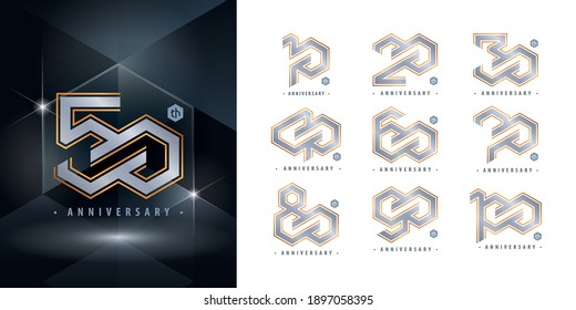 Set of 10 to 100 Anniversary logotype design, Years Celebrate Anniversary Logo, Hexagon Infinity logo, Abstract silver and gold Hexagon logo for Congratulation celebration event, invitation, greeting.