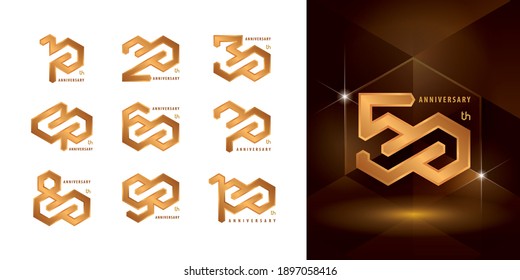 Set of 10 to 100 Anniversary logotype design, Years Celebrate Anniversary Logo, Hexagon Infinity logo, Abstract golden Hexagon logo for Congratulation celebration event, invitation, greeting.