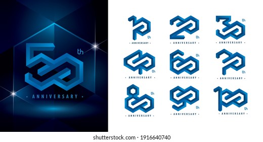 Juego de diseño de logotipo de 10 a 100 Aniversarios, Logo de Años Celebrados, logotipo de Hexagon Infinity, logotipo de Abstract Blue Emhead Hexagon para la celebración de la felicitación, invitación, saludo.
