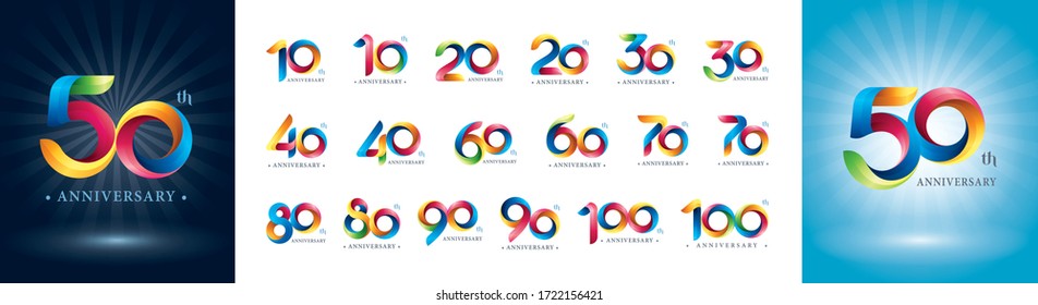Set of 10 to 100th Anniversary logotype design, Colorful Twist Ribbons Logo, Origami stylized Number Letters, Anniversary Logo for celebration event, invitation, greeting, Party,Fashion, Entertainment