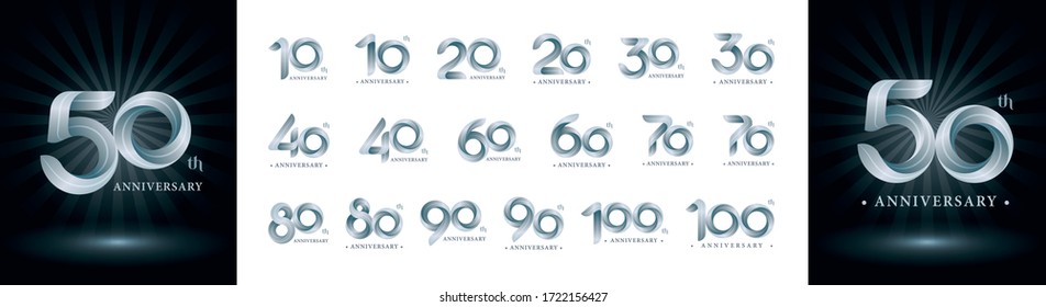 Set of 10 to 100th Anniversary logotype design, Twist Ribbons Logo, Origami stylized Number Letters, Anniversary Logo for celebration event, invitation, greeting, Party, Fashion. Funny, Entertainment