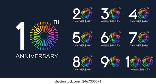 set of 10 to 100th anniversary logotype design, with colorful fireworks for celebration event, wedding, and birthday, vector illustration