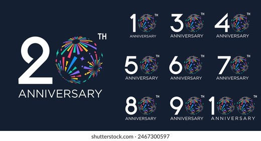 Set von 10 bis 100-Jahr-Logo-Design, mit buntem Feuerwerk für Feier-Event, Hochzeit und Geburtstag, Vektorillustration