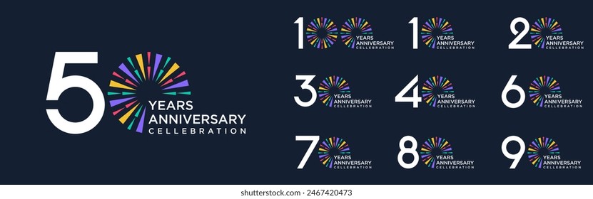 set of 10 to 100th anniversary logotype design, with colorful fireworks for celebration event, wedding, and birthday, vector illustration