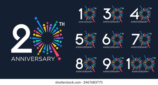 set of 10 to 100th anniversary logotype design, with colorful fireworks for celebration event, wedding, and birthday, vector illustration