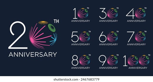 set of 10 to 100th anniversary logotype design, with colorful fireworks for celebration event, wedding, and birthday, vector illustration