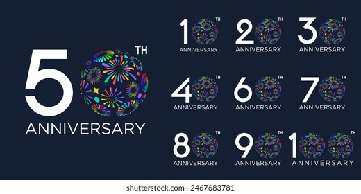 set of 10 to 100th anniversary logotype design, with colorful fireworks for celebration event, wedding, and birthday, vector illustration