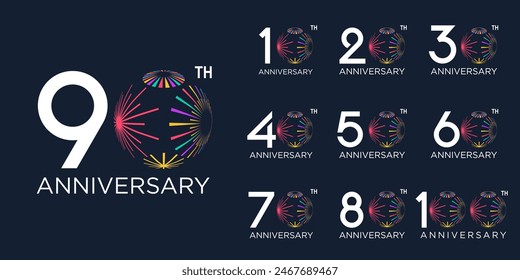 Set von 10 bis 100-Jahr-Logo-Design, mit buntem Feuerwerk für Feier-Event, Hochzeit und Geburtstag, Vektorillustration