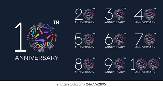 set of 10 to 100th anniversary logotype design, with colorful fireworks for celebration event, wedding, and birthday, vector illustration