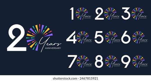 Set von 10 bis 100-Jahr-Logo-Design, mit buntem Feuerwerk für Feier-Event, Hochzeit und Geburtstag, Vektorillustration