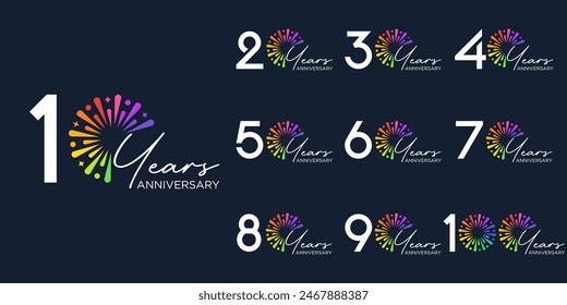 set of 10 to 100th anniversary logotype design, with colorful fireworks for celebration event, wedding, and birthday, vector illustration