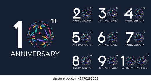 set of 10 to 100th anniversary logotype design, with colorful fireworks for celebration event, wedding, and birthday, vector illustration