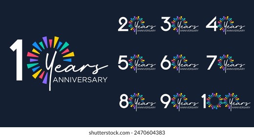 set of 10 to 100th anniversary logotype design, with colorful fireworks for celebration event, wedding, and birthday, vector illustration