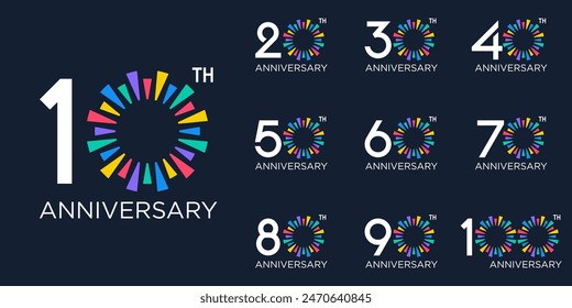 set of 10 to 100th anniversary logotype design, with colorful fireworks for celebration event, wedding, and birthday, vector illustration