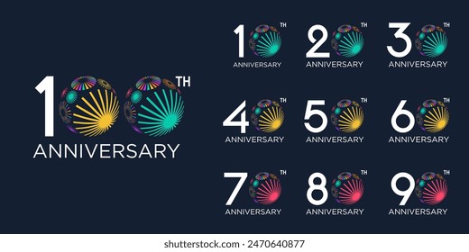 set of 10 to 100th anniversary logotype design, with colorful fireworks for celebration event, wedding, and birthday, vector illustration