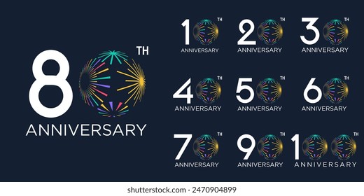conjunto de diseño de logotipo del 10 al 100 aniversario, con fuegos artificiales coloridos para el evento de celebración, boda y cumpleaños, Ilustración vectorial