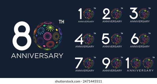 set of 10 to 100th anniversary logotype design, with colorful fireworks for celebration event, wedding, and birthday, vector illustration