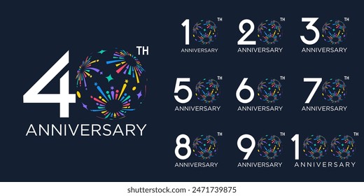 set of 10 to 100th anniversary logotype design, with colorful fireworks for celebration event, wedding, and birthday, vector illustration