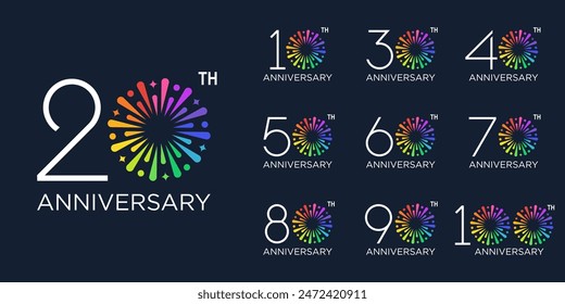 set of 10 to 100th anniversary logotype design, with colorful fireworks for celebration event, wedding, and birthday, vector illustration