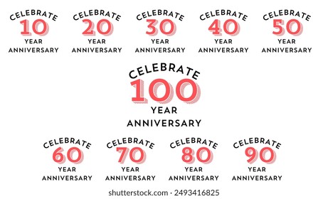 set of 10 to 100th anniversary logotype design, with color celebration event, wedding, and birthday