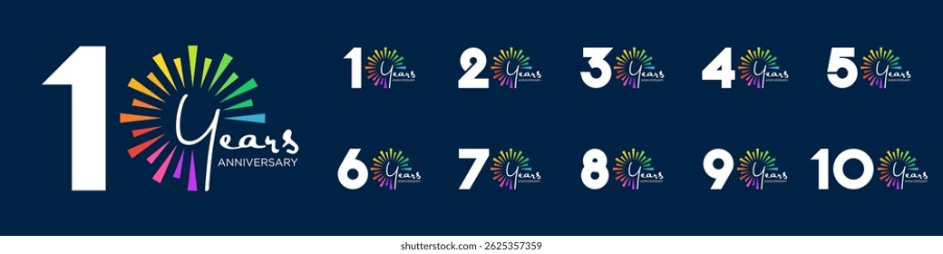 set of 10 to 100th anniversary logotype design, with colorful fireworks for celebration event, wedding, and birthday, vector illustration