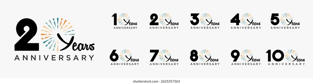 set of 10 to 100th anniversary logotype design, with colorful fireworks for celebration event, wedding, and birthday, vector illustration