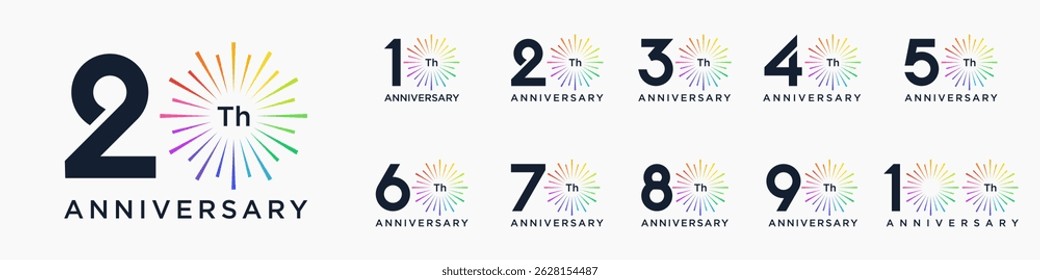 set of 10 to 100th anniversary logotype design, with colorful fireworks for celebration event, wedding, and birthday, vector illustration