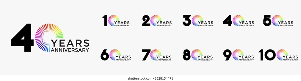 set of 10 to 100th anniversary logotype design, with colorful fireworks for celebration event, wedding, and birthday, vector illustration