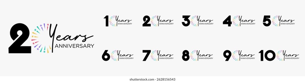 set of 10 to 100th anniversary logotype design, with colorful fireworks for celebration event, wedding, and birthday, vector illustration