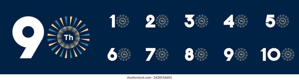 Logotyp-Set zum 10- bis 100-jährigen Jubiläum, mit buntem Feuerwerk für Feierlichkeiten, Hochzeit und Geburtstag, Vektorgrafik