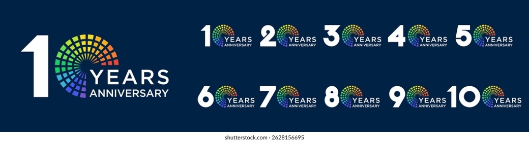conjunto de 10 a 100o aniversário logotipo design, com fogos de artifício coloridos para evento de celebração, casamento, e aniversário, ilustração vetorial