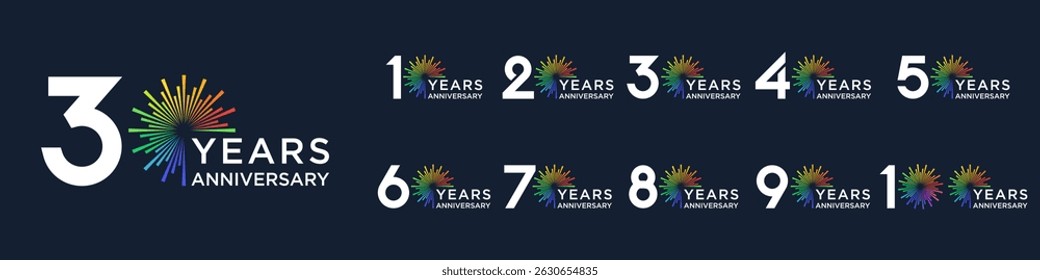 set of 10 to 100th anniversary logotype design, with colorful fireworks for celebration event, wedding, and birthday, vector illustration