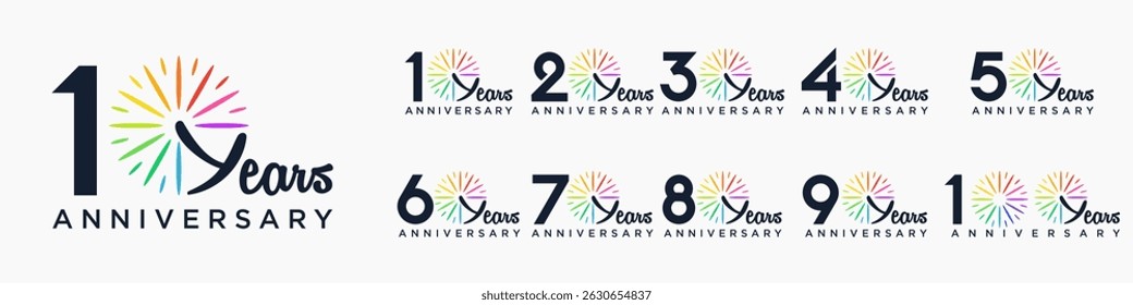 set of 10 to 100th anniversary logotype design, with colorful fireworks for celebration event, wedding, and birthday, vector illustration