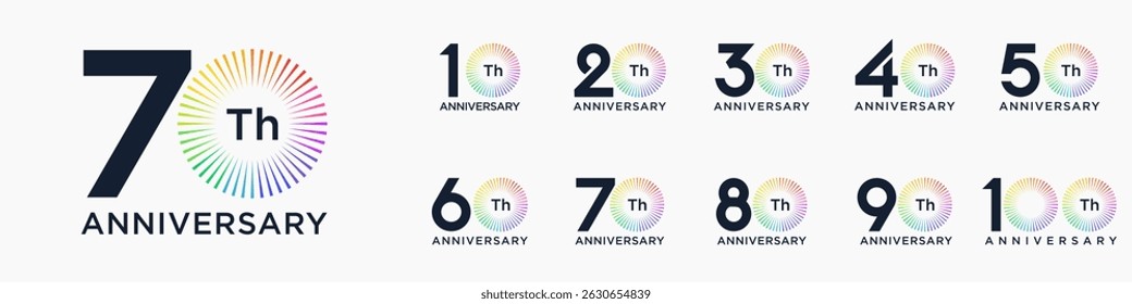 set of 10 to 100th anniversary logotype design, with colorful fireworks for celebration event, wedding, and birthday, vector illustration