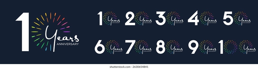 set of 10 to 100th anniversary logotype design, with colorful fireworks for celebration event, wedding, and birthday, vector illustration