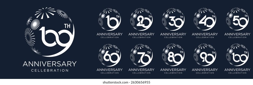 set of 10 to 100th anniversary logotype design, with white color fireworks for celebration event, wedding, and birthday, vector illustration