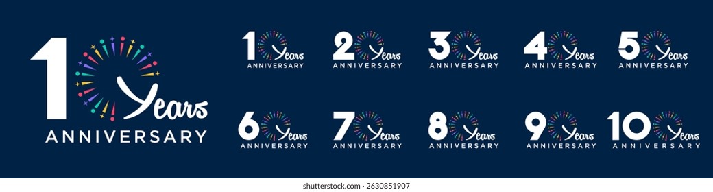 set of 10 to 100th anniversary logotype design, with colorful fireworks for celebration event, wedding, and birthday, vector illustration