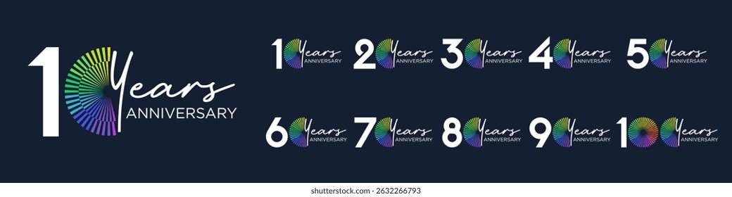 conjunto de 10 a 100o aniversário logotipo design, com fogos de artifício coloridos para evento de celebração, casamento, e aniversário, ilustração vetorial