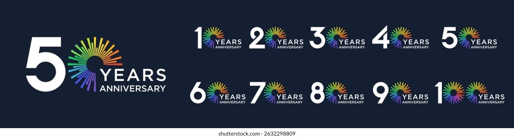 Logotyp-Set zum 10- bis 100-jährigen Jubiläum, mit buntem Feuerwerk für Feierlichkeiten, Hochzeit und Geburtstag, Vektorgrafik