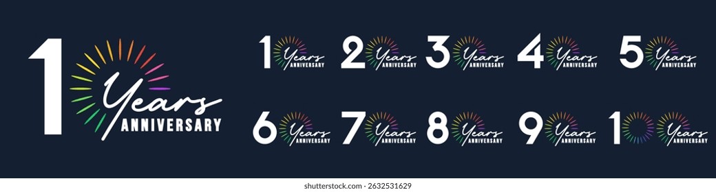 set of 10 to 100th anniversary logotype design, with colorful fireworks for celebration event, wedding, and birthday, vector illustration