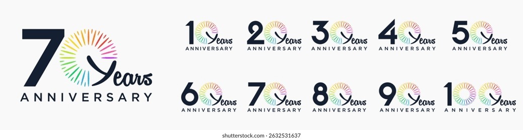 set of 10 to 100th anniversary logotype design, with colorful fireworks for celebration event, wedding, and birthday, vector illustration