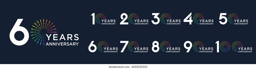 Logotyp-Set zum 10- bis 100-jährigen Jubiläum, mit buntem Feuerwerk für Feierlichkeiten, Hochzeit und Geburtstag, Vektorgrafik
