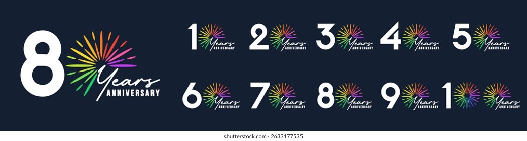 Conjunto de diseño de logotipo de 10 a 100 años, con fuegos artificiales de colores para eventos de celebración, bodas y cumpleaños, Ilustración vectorial