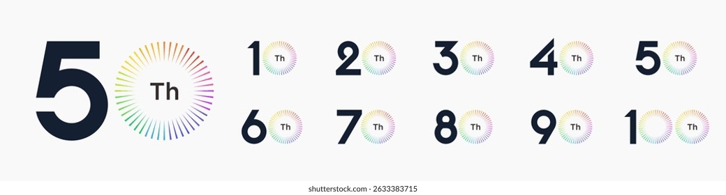 set of 10 to 100th anniversary logotype design, with colorful fireworks for celebration event, wedding, and birthday, vector illustration