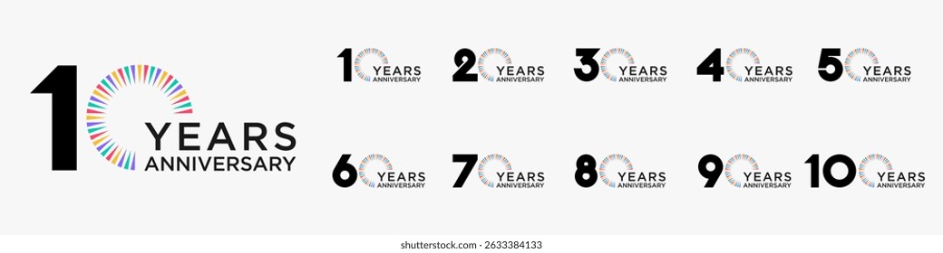 conjunto de 10 a 100o aniversário logotipo design, com fogos de artifício coloridos para evento de celebração, casamento, e aniversário, ilustração vetorial