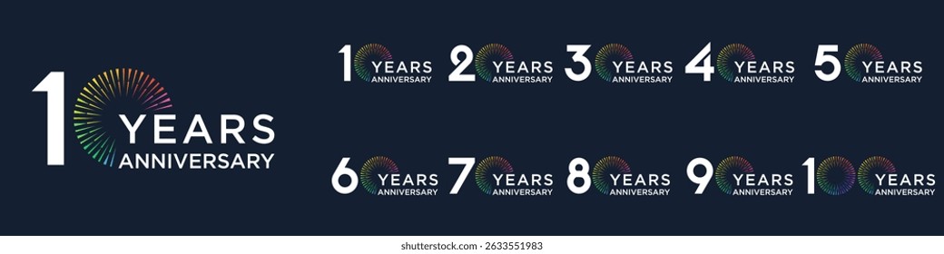 set of 10 to 100th anniversary logotype design, with colorful fireworks for celebration event, wedding, and birthday, vector illustration