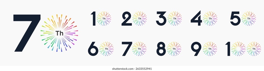 set of 10 to 100th anniversary logotype design, with colorful fireworks for celebration event, wedding, and birthday, vector illustration