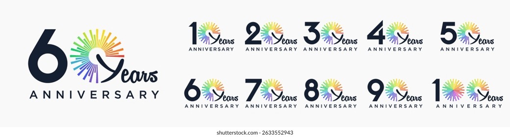 Conjunto de diseño de logotipo de 10 a 100 años, con fuegos artificiales de colores para eventos de celebración, bodas y cumpleaños, Ilustración vectorial